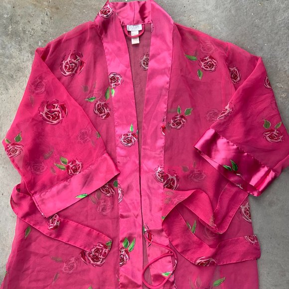 Sheer Hot Pink Silk Satin Women's Long Sleeve Bath robe house coat Rose Pattern - Picture 1 of 4